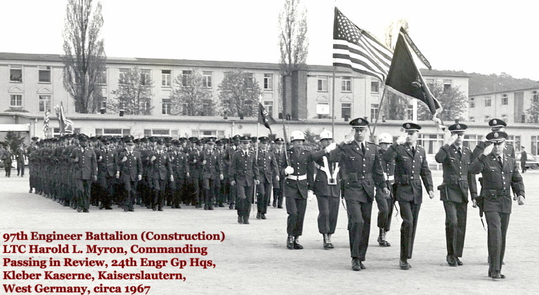 LTC Harold L. Myron, Commander, 97th EBC, with battalion passing in review at 24th Engr Gp headquarters, courtesy of Morgan T. Morris III