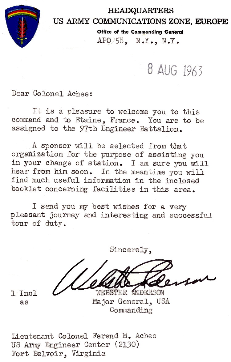 Welcome letter from MG Webster Anderson, Commander of the Communications Zone, U.S. Army Europe