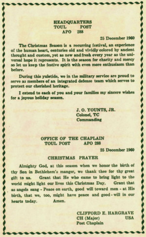 Jeanne d-ARC Caserne Hospital, Toul, France, Christmas 1960 greeting and prayer