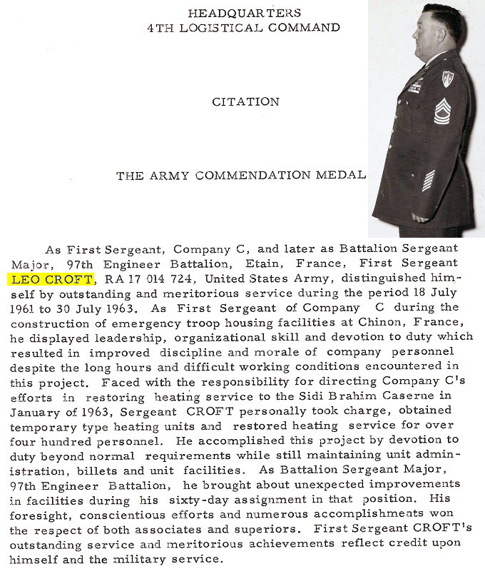Army Commendation Medal citation, SGM William Leo Croft, 97th EBC