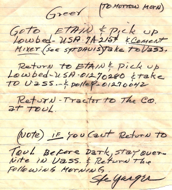 Travel orders and instructions, Joe Greear