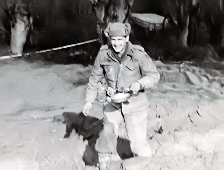 Bridge training on the Rhine River, knee deep in mud, breakfast in hand