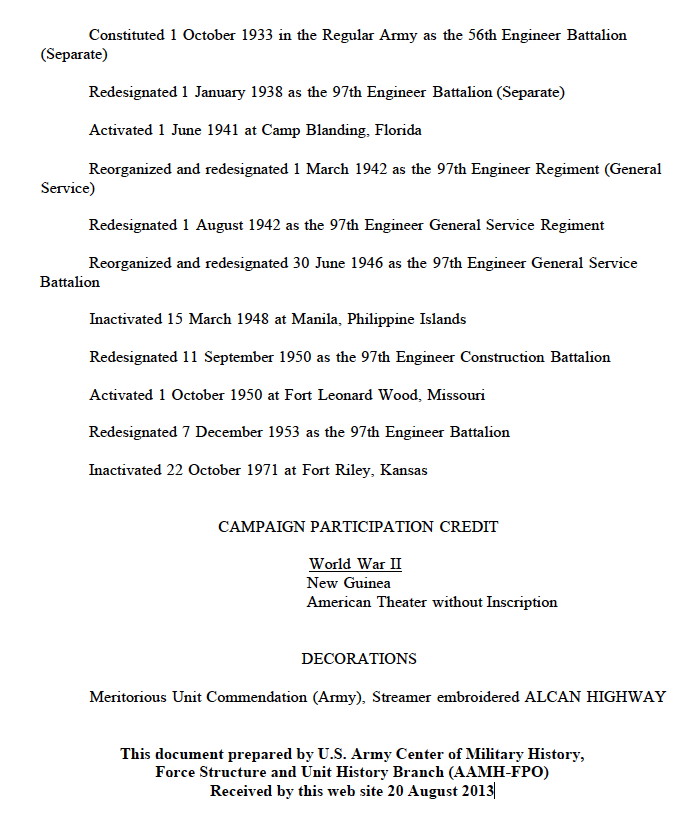 97th Engineer Battalion Lineage and Honors document text 97th Engineer Battalion Lineage and Honors document text