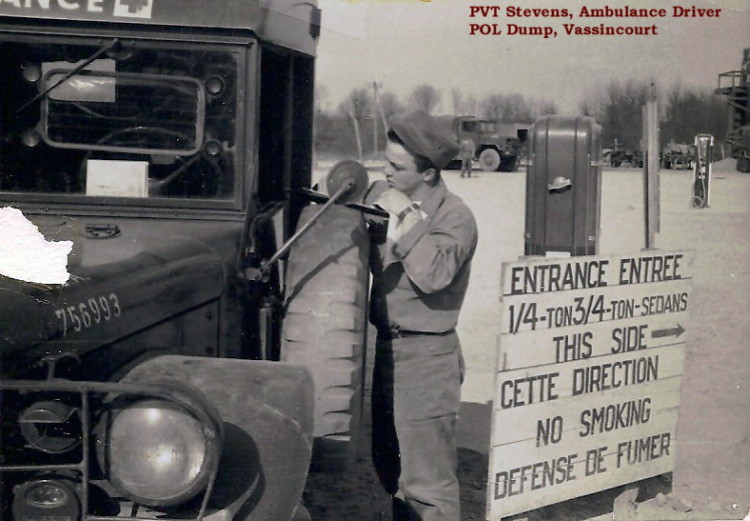 PVT Stevens, ambulance driver, at the POL Dump PVT Stevens, ambulance driver, at the POL Dump