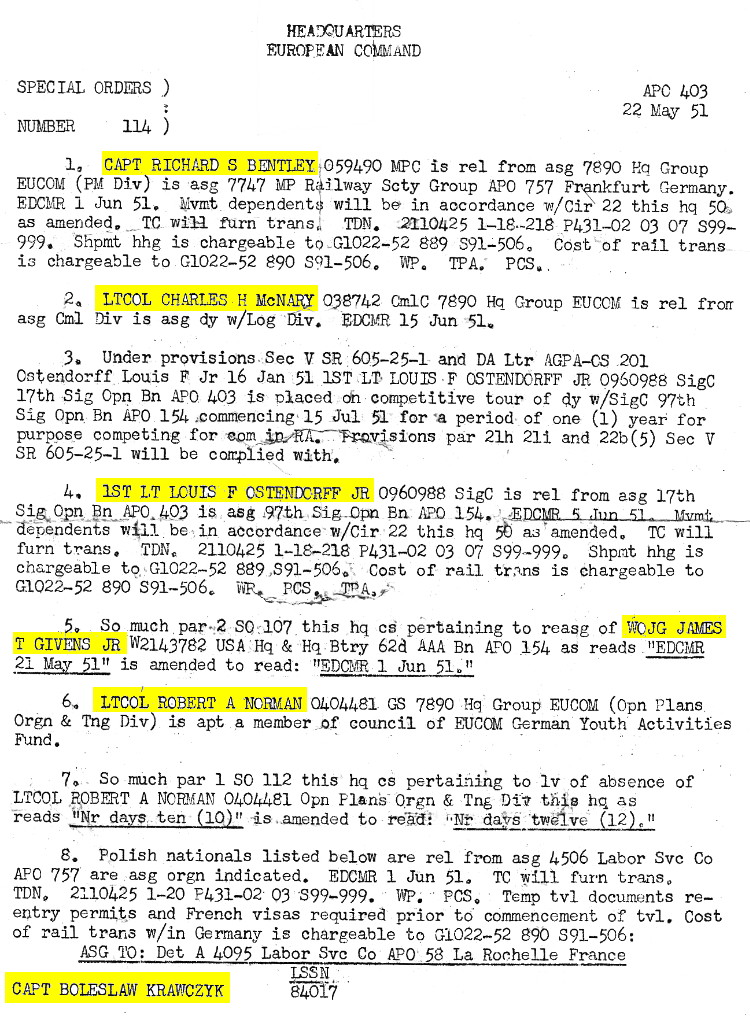 HQ, European Command Special Order Number 114, dated 22 May 1951, courtesy of Remy Nacarro