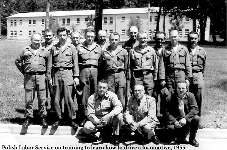 Polish Labor Service men training to drive a locomotive, 1955