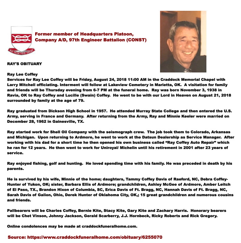 Obituary, Ray Lee Coffey, 2018