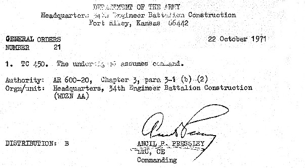 LTC Ancil R. Pressley takes command of the 34th Engr Bn, 1971 LTC Ancil R. Pressley takes command of the 34th Engr Bn, 1971