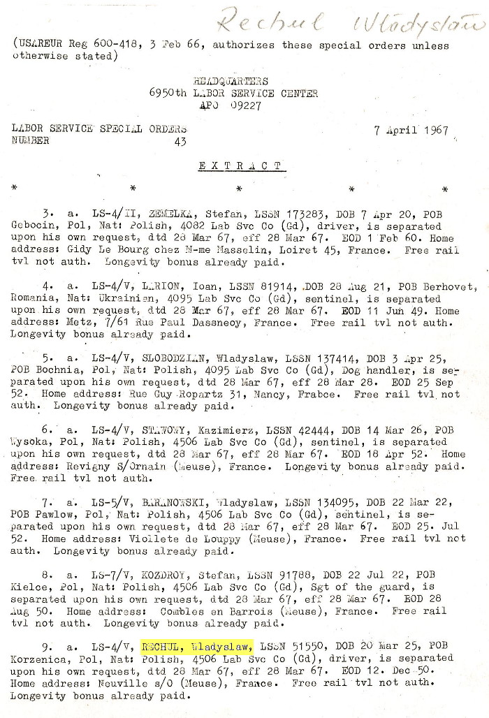 Cpl W. Rechul retirement orders