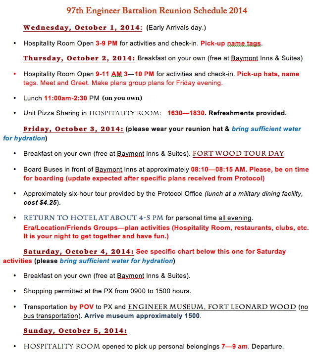 Engineer Reunion schedule 2014