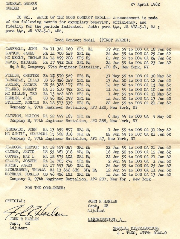 SO 19, dated 27 April 1962, Co A, 97th Engr Bn (Const)